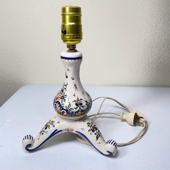 Vintage French Floral Painted Table Lamp R Delarue Cottage Prairie Boho Country - Picture 8 of 12